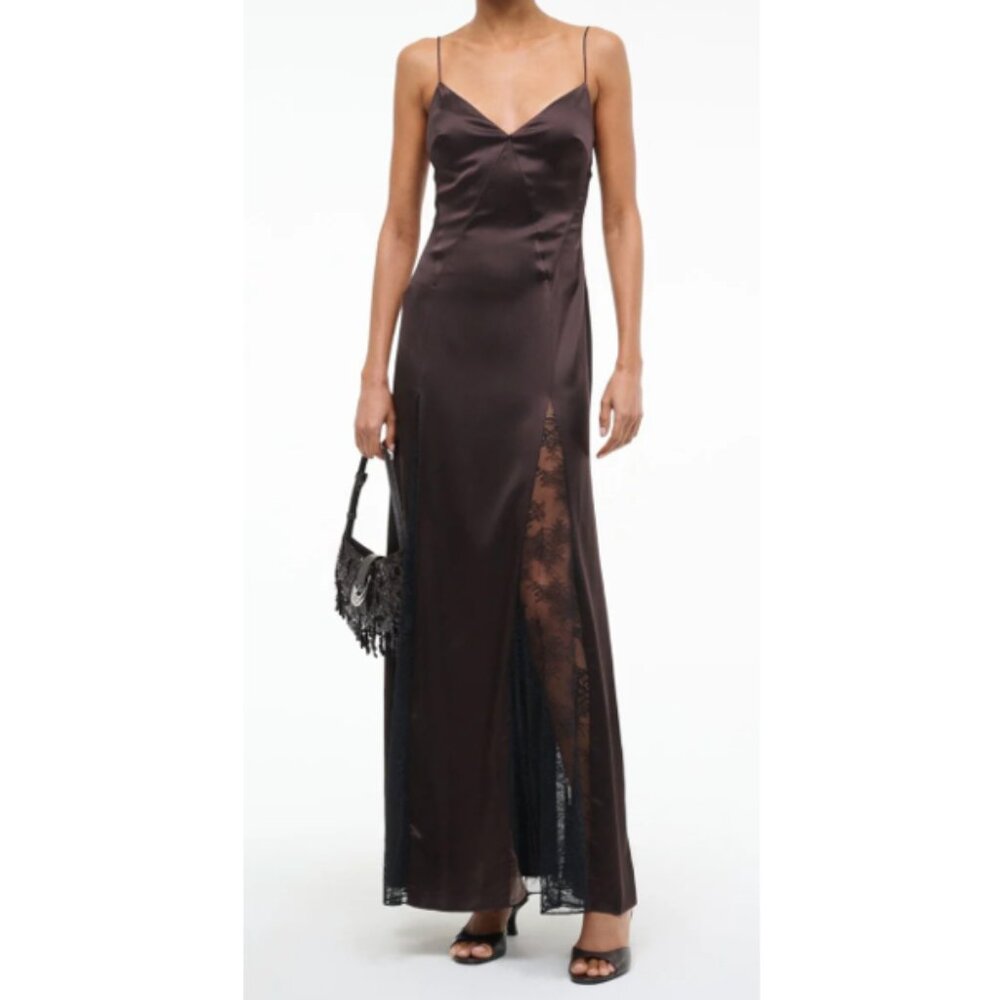 STAUD Dark Brown Maxi Silk Slip Dress